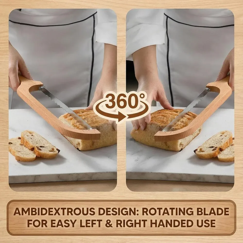 360 Rotating Wooden Bread Knife Serrated Bow Slicer Left Right Handed Beechwood